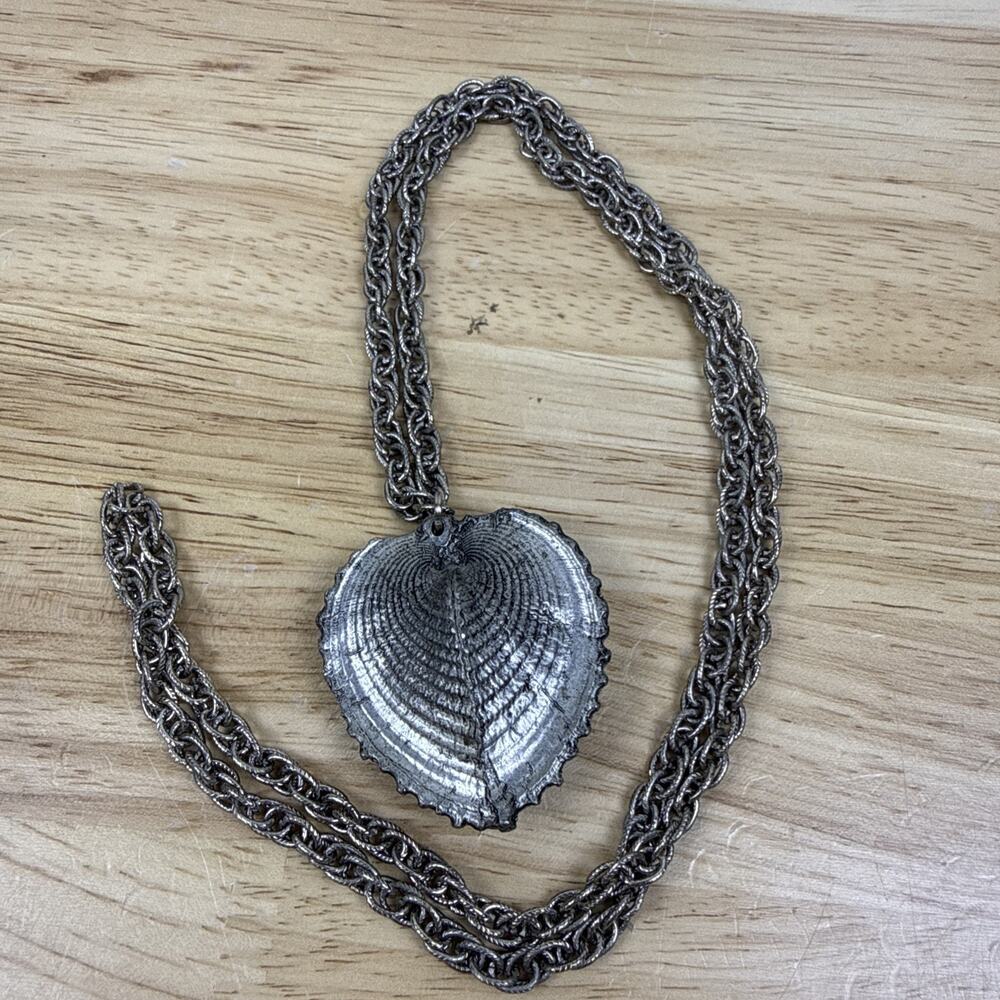 Vintage Metzke Pewter Oyster Shell Heart Pendant Necklace Signed Rare